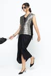 Shop_SOBARIKO_Black Silk V-neck Alia Brocade Gilet With Asymmetric Dress _Online_at_Aza_Fashions