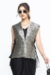 SOBARIKO_Black Silk V-neck Alia Brocade Gilet With Asymmetric Dress _at_Aza_Fashions