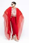 Buy_SOBARIKO_Red Silk V-neck Onaya Cape And Skirt Set _at_Aza_Fashions