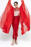 Shop_SOBARIKO_Red Silk V-neck Onaya Cape And Skirt Set _Online_at_Aza_Fashions