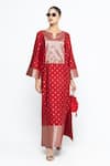 SOBARIKO_Red Silk Zari, Embroidery V-neck Nats Brocade Kaftan _Online_at_Aza_Fashions