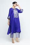 Shop SOBARIKO Blue Silk, Organza Zari Split V-neck Seher Woven Tunic Pant Set Online at Aza Fashions Shop_SOBARIKO_Blue Silk, Organza Zari Split V-neck Seher Woven Tunic Pant Set _Online_at_Aza_Fashions