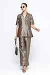 Buy_SOBARIKO_Brown Silk Metallic Thread Wrap Blazer Pant Set _Online_at_Aza_Fashions