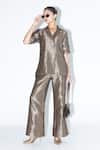 Shop_SOBARIKO_Brown Silk Metallic Thread Wrap Blazer Pant Set 