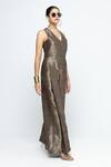 SOBARIKO Brown Silk V-neck Sera Metallic Jumpsuit Online at Aza Fashions SOBARIKO_Brown Silk V-neck Sera Metallic Jumpsuit _Online_at_Aza_Fashions