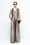 SOBARIKO Brown Silk V-neck Sera Metallic Jumpsuit at Aza Fashions SOBARIKO_Brown Silk V-neck Sera Metallic Jumpsuit _at_Aza_Fashions