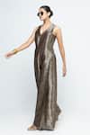 Buy SOBARIKO Brown Silk V-neck Sera Metallic Jumpsuit Buy_SOBARIKO_Brown Silk V-neck Sera Metallic Jumpsuit