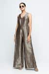 Buy SOBARIKO Brown Silk V-neck Sera Metallic Jumpsuit at Aza Fashions Buy_SOBARIKO_Brown Silk V-neck Sera Metallic Jumpsuit _at_Aza_Fashions