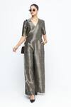 Buy SOBARIKO Black Silk V-neck Sera Metallic Jumpsuit at Aza Fashions Buy_SOBARIKO_Black Silk V-neck Sera Metallic Jumpsuit _at_Aza_Fashions