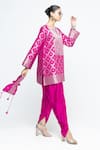 SOBARIKO Pink Silk, Modal, Satin Zari Notched Heer Brocade Jaal Kurta With Dhoti Pant Online at Aza Fashions SOBARIKO_Pink Silk, Modal, Satin Zari Notched Heer Brocade Jaal Kurta With Dhoti Pant _Online_at_Aza_Fashions
