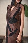 BAANI KHURANA_Brown Taffeta Embroidery, Beads V-neck Midnight Bloom Dress _Online_at_Aza_Fashions