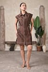Buy_BAANI KHURANA_Brown Taffeta Embroidery, Sequins Collared Ember Stitch Shirt Dress _at_Aza_Fashions