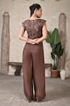 Shop_BAANI KHURANA_Brown Silk, Chiffon Embroidery, Sequins Boat Neck Cocoa Bloom Top Pant Set _at_Aza_Fashions