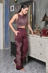 Shop BAANI KHURANA Burgundy Satin, Linen Beads, Embroidery Round Neck Maroon Muse Pant Set at Aza Fashions Shop_BAANI KHURANA_Burgundy Satin, Linen Beads, Embroidery Round Neck Maroon Muse Pant Set _at_Aza_Fashions