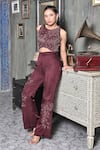 Buy BAANI KHURANA Burgundy Satin, Linen Beads, Embroidery Round Neck Maroon Muse Pant Set at Aza Fashions Buy_BAANI KHURANA_Burgundy Satin, Linen Beads, Embroidery Round Neck Maroon Muse Pant Set _at_Aza_Fashions