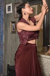 BAANI KHURANA_Burgundy Lycra, Satin, Linen Embroidery V-neck, Sweetheart Skirt Set With Jacket _Online_at_Aza_Fashions