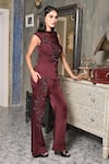 Buy_BAANI KHURANA_Burgundy Silk, Chiffon, Satin, Linen Beads, Sequins Embellished Top And Pant Set _at_Aza_Fashions
