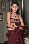 Shop_BAANI KHURANA_Burgundy Silk, Chiffon Sequins Square Neck Work Bustier Sharara Set _at_Aza_Fashions