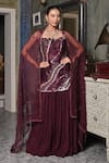 Buy BAANI KHURANA Maroon Organza, Silk, Chiffon Sequins, Embroidery Kurta Crushed Sharara Set at Aza Fashions Buy_BAANI KHURANA_Maroon Organza, Silk, Chiffon Sequins, Embroidery Kurta Crushed Sharara Set _at_Aza_Fashions