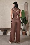 Shop BAANI KHURANA Brown Satin, Linen Embroidery Round Neck Pant Set at Aza Fashions Shop_BAANI KHURANA_Brown Satin, Linen Embroidery Round Neck Pant Set _at_Aza_Fashions
