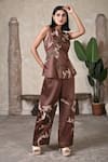 Buy BAANI KHURANA Brown Satin, Linen Embroidery Round Neck Pant Set at Aza Fashions Buy_BAANI KHURANA_Brown Satin, Linen Embroidery Round Neck Pant Set _at_Aza_Fashions