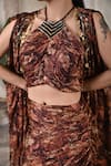 BAANI KHURANA_Brown Organza, Chiffon, Beads, Sequins Printed Cape And Draped Skirt Set _Online_at_Aza_Fashions