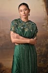 Buy_BAANI KHURANA_Emerald Green Satin Sequins, Beads, Embroidery Round Neck Draped Skirt Set _Online_at_Aza_Fashions