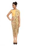 Buy_Soup By Sougat Paul_Beige Cotton Silk Geometric Jewel Neck Pre-draped Printed Saree Dress _at_Aza_Fashions