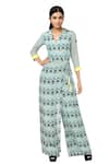 Buy_Soup By Sougat Paul_Blue Crepe Checkered, Floral V Neck Printed Wrap Jumpsuit _at_Aza_Fashions