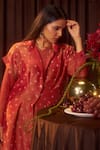 Shop Coeur Red Tissue V-neck, Collared Zarina Scarlet Dress With Bandhani Jacket Online at Aza Fashions Shop_Coeur_Red Tissue V-neck, Collared Zarina Scarlet Dress With Bandhani Jacket _Online_at_Aza_Fashions