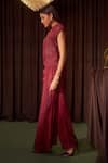 Coeur Maroon Silk Organza, Satin Embroidery Riva Crimson Corded Top And Draped Pant Set Online at Aza Fashions Coeur_Maroon Silk Organza, Satin Embroidery Riva Crimson Corded Top And Draped Pant Set _Online_at_Aza_Fashions