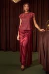 Buy Coeur Maroon Silk Organza, Satin Embroidery Riva Crimson Corded Top And Draped Pant Set at Aza Fashions Buy_Coeur_Maroon Silk Organza, Satin Embroidery Riva Crimson Corded Top And Draped Pant Set _at_Aza_Fashions