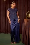 Buy Coeur Navy Silk Organza, Satin Embroidery Round Riva Corded Top And Draped Pant Set at Aza Fashions Buy_Coeur_Navy Silk Organza, Satin Embroidery Round Riva Corded Top And Draped Pant Set _at_Aza_Fashions