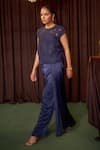 Shop Coeur Navy Silk Organza, Satin Embroidery Round Riva Corded Top And Draped Pant Set Online at Aza Fashions Shop_Coeur_Navy Silk Organza, Satin Embroidery Round Riva Corded Top And Draped Pant Set _Online_at_Aza_Fashions