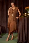 Coeur_Brown , Satin, Silk Gleia Tawny Dress With Corded Jacket _Online_at_Aza_Fashions