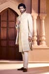Shop_Arihant Rai Sinha_Yellow Silk, Dupion Embroidery, Stones Floral Sherwani Set _Online