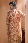 Buy_Arihant Rai Sinha_Orange Silk, Dupion Embroidery Floral Botanic Sherwani Set _Online_at_Aza_Fashions