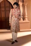 Shop_Arihant Rai Sinha_Orange Silk, Dupion Embroidery Floral Botanic Sherwani Set _Online_at_Aza_Fashions