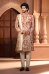 Shop_Arihant Rai Sinha_Orange Silk, Dupion Embroidery Floral Botanic Sherwani Set 