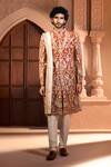 Arihant Rai Sinha_Orange Silk, Dupion Embroidery Floral Botanic Sherwani Set _Online