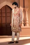 Buy_Arihant Rai Sinha_Orange Silk, Dupion Embroidery Floral Botanic Sherwani Set _Online