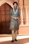 Buy_Arihant Rai Sinha_Navy Silk, Dupion Embroidery, Metallic Thread Botanic Sherwani Set _at_Aza_Fashions
