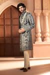Shop_Arihant Rai Sinha_Navy Silk, Dupion Embroidery, Metallic Thread Botanic Sherwani Set _Online_at_Aza_Fashions