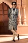 Arihant Rai Sinha_Navy Silk, Dupion Embroidery, Metallic Thread Botanic Sherwani Set _at_Aza_Fashions