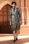 Arihant Rai Sinha_Navy Silk, Dupion Embroidery, Metallic Thread Botanic Sherwani Set _Online