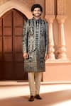 Shop_Arihant Rai Sinha_Navy Silk, Dupion Embroidery, Metallic Thread Botanic Sherwani Set _Online
