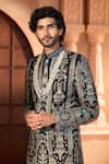 Arihant Rai Sinha_Navy Silk, Dupion Embroidery, Metallic Thread Botanic Sherwani Set 