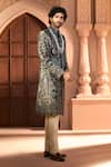 Arihant Rai Sinha_Navy Silk, Dupion Embroidery, Metallic Thread Botanic Sherwani Set 