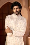 Arihant Rai Sinha Cream Dupion Embroidery, Sequins Floral Pastel Sherwani Set Arihant Rai Sinha_Cream Dupion Embroidery, Sequins Floral Pastel Sherwani Set
