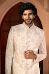 Arihant Rai Sinha Cream Dupion Embroidery, Sequins Floral Pastel Sherwani Set Arihant Rai Sinha_Cream Dupion Embroidery, Sequins Floral Pastel Sherwani Set